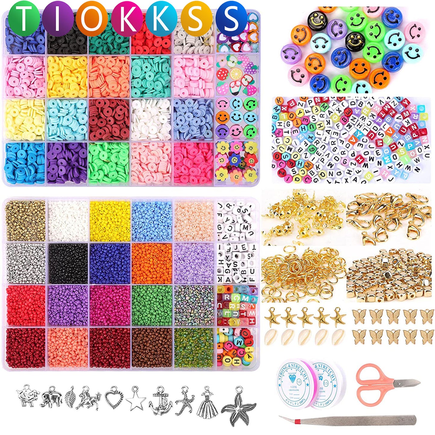 Tiokkss 25000 Pcs Glass Beads Clay Beads for Jewelry Making Kit, Bracelet Making Kit with Smiley Face Bead Letter Beads Charms Pendants, Bead Supplies Art Craft Set for Girl Kids DIY Handmade Gift