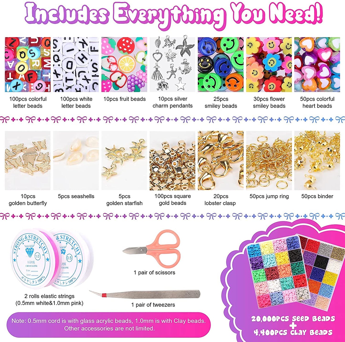 Tiokkss 25000 Pcs Glass Beads Clay Beads for Jewelry Making Kit, Bracelet Making Kit with Smiley Face Bead Letter Beads Charms Pendants, Bead Supplies Art Craft Set for Girl Kids DIY Handmade Gift