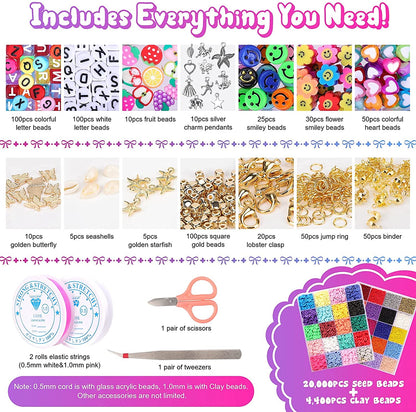 Tiokkss 25000 Pcs Glass Beads Clay Beads for Jewelry Making Kit, Bracelet Making Kit with Smiley Face Bead Letter Beads Charms Pendants, Bead Supplies Art Craft Set for Girl Kids DIY Handmade Gift